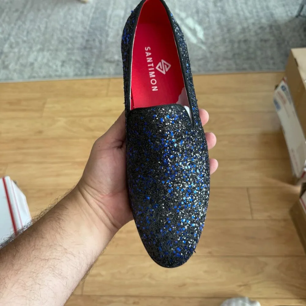 Santimon Men's US 7.5-12 Blue Sequins Glitter Smoking Loafers Casual Shoes  Plea